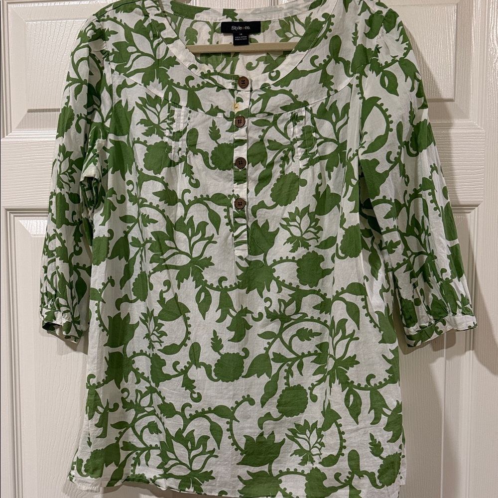Style & Co. White Tunic with Green Floral Print and Button Front